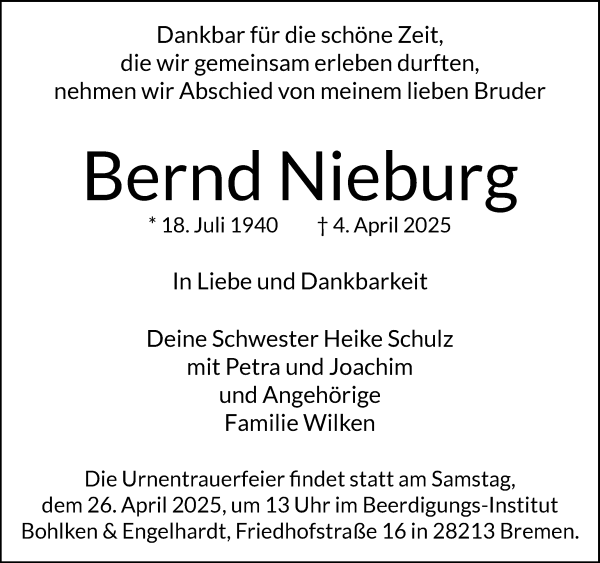 Traueranzeige von Bernd Nieburg von WESER-KURIER