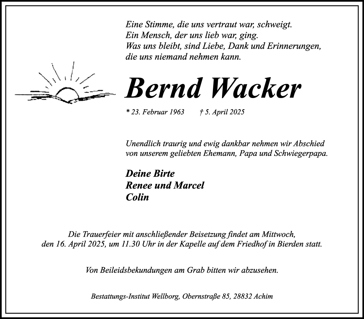 Traueranzeige von Bernd Wacker von WESER-KURIER