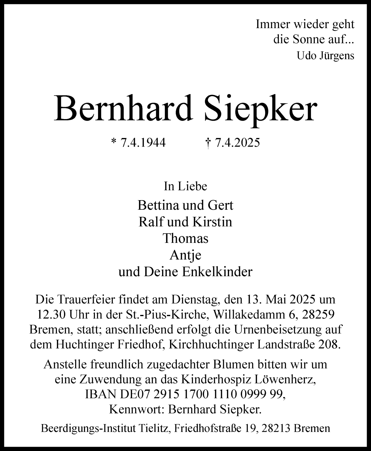 Traueranzeige von Bernhard Siepker von WESER-KURIER