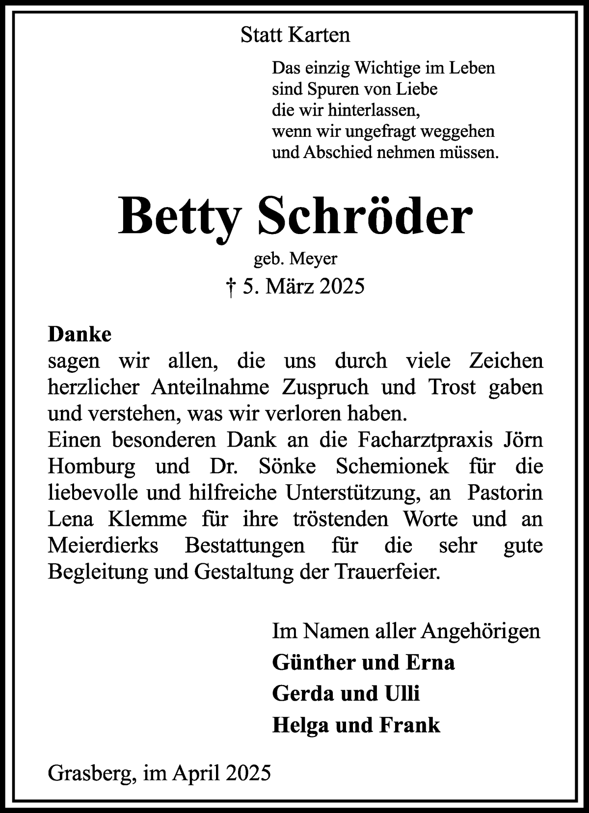 Traueranzeige von Betty Schröder von Wuemme Zeitung