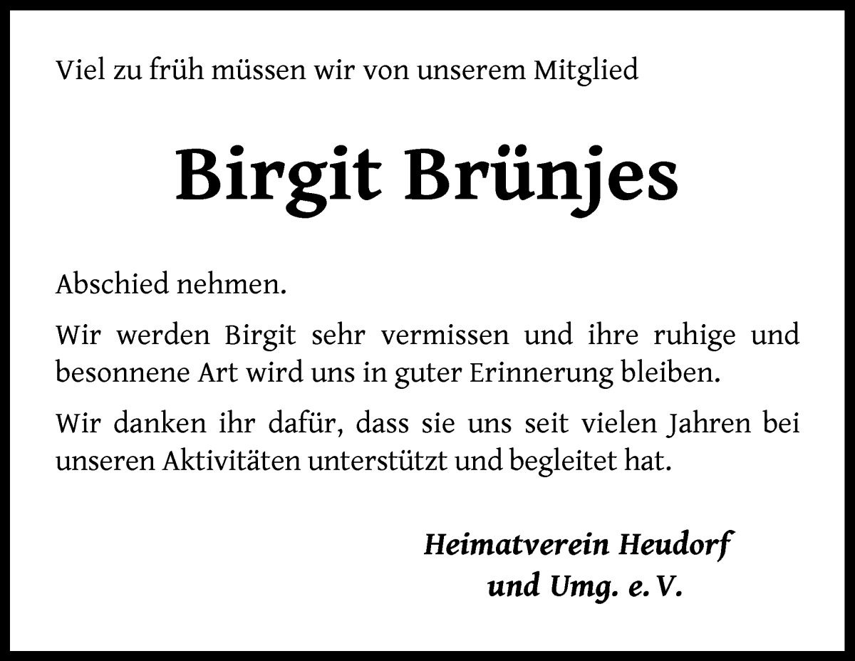 Traueranzeige von Birgit Brünjes von Wuemme Zeitung