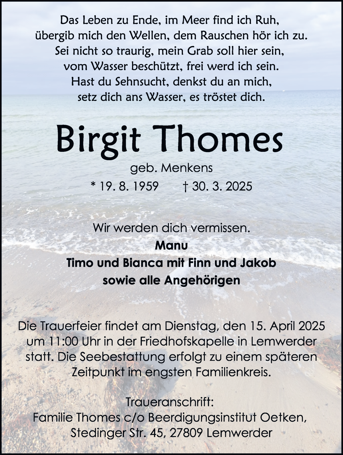 Traueranzeige von Birgit Thomes von Die Norddeutsche