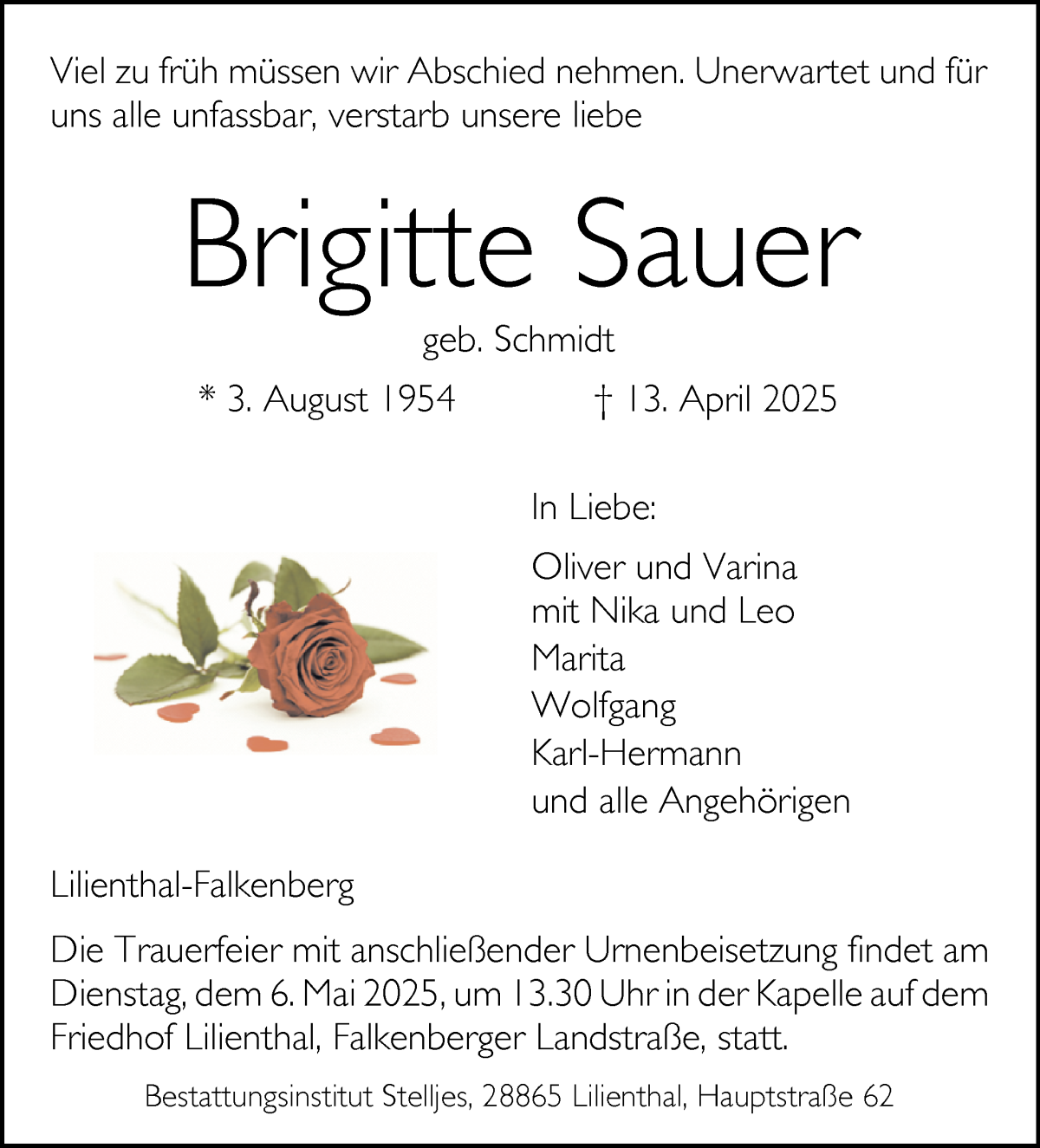 Traueranzeige von Brigitte Sauer von Wuemme Zeitung