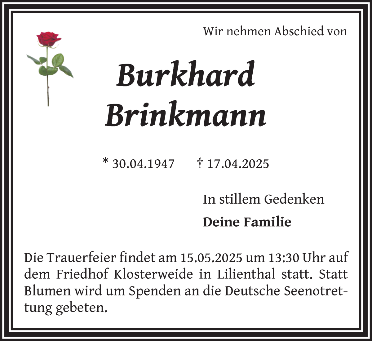 Traueranzeige von Burkhard Brinkmann von WESER-KURIER