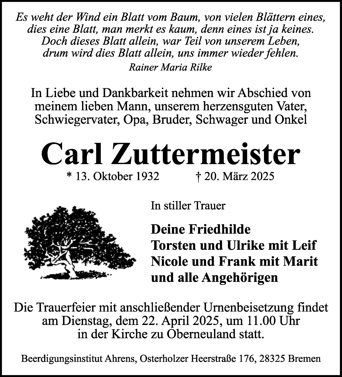 Traueranzeige von Carl Zuttermeister von WESER-KURIER