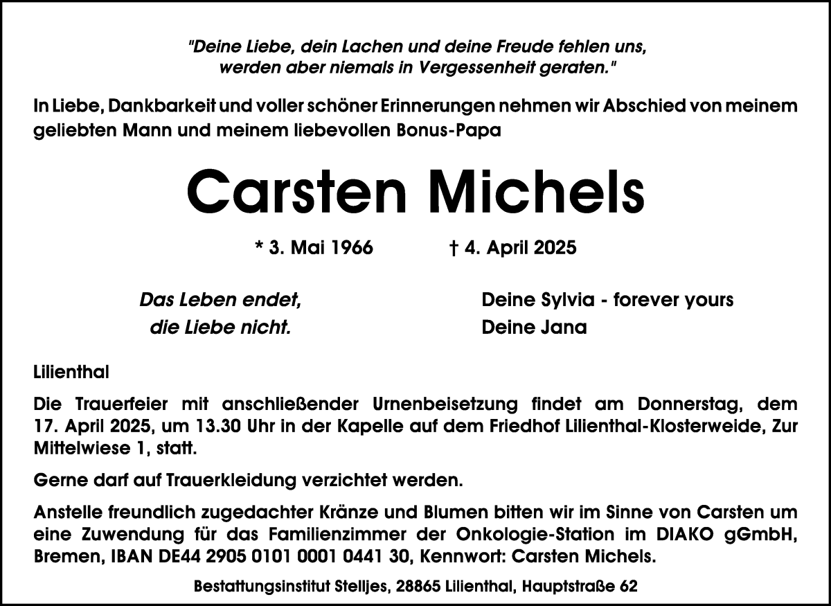 Traueranzeige von Carsten Michels von Wuemme Zeitung
