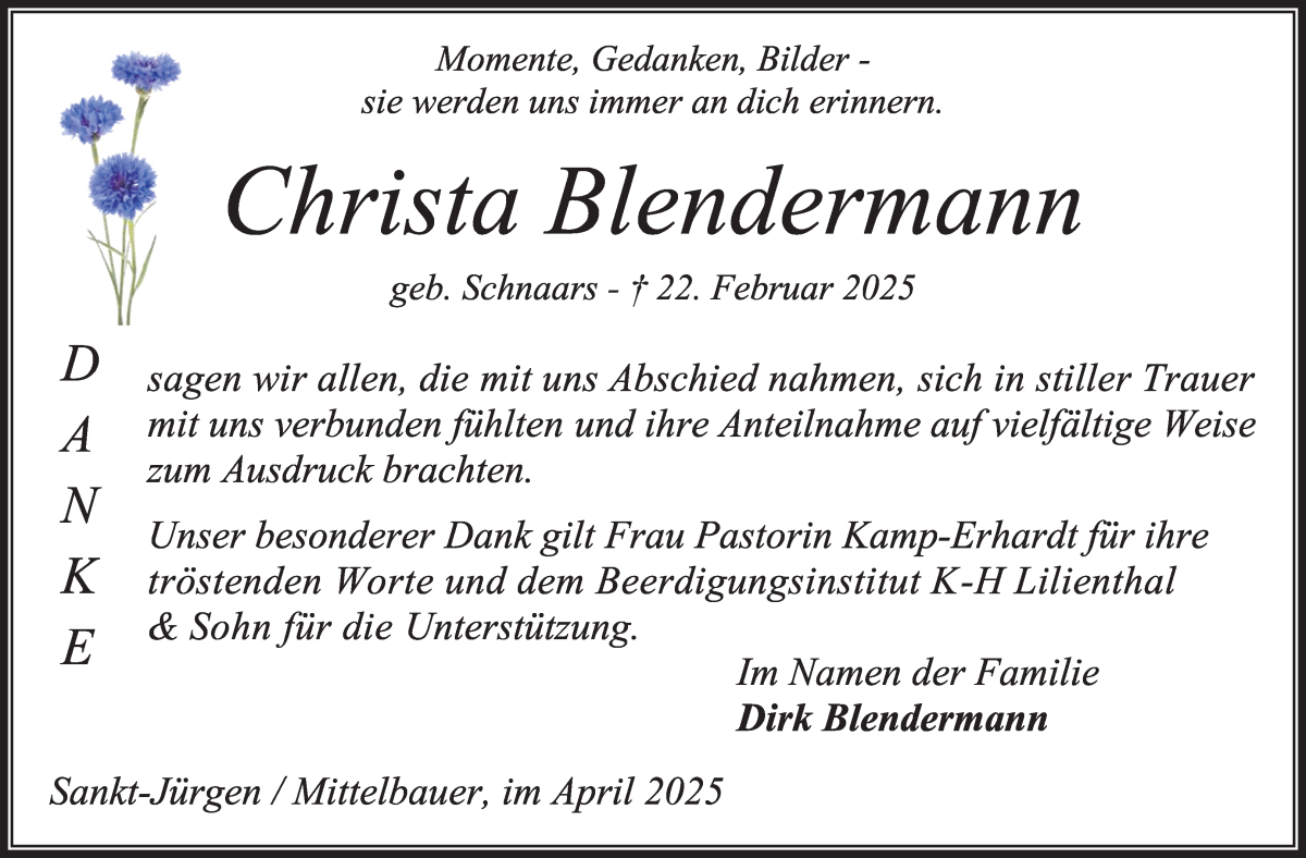 Traueranzeige von Christa Blendermann von Wuemme Zeitung