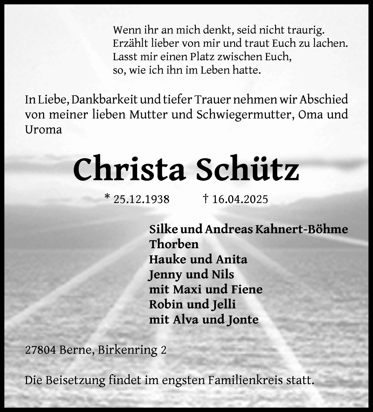 Traueranzeige von Christa Schütz von WESER-KURIER