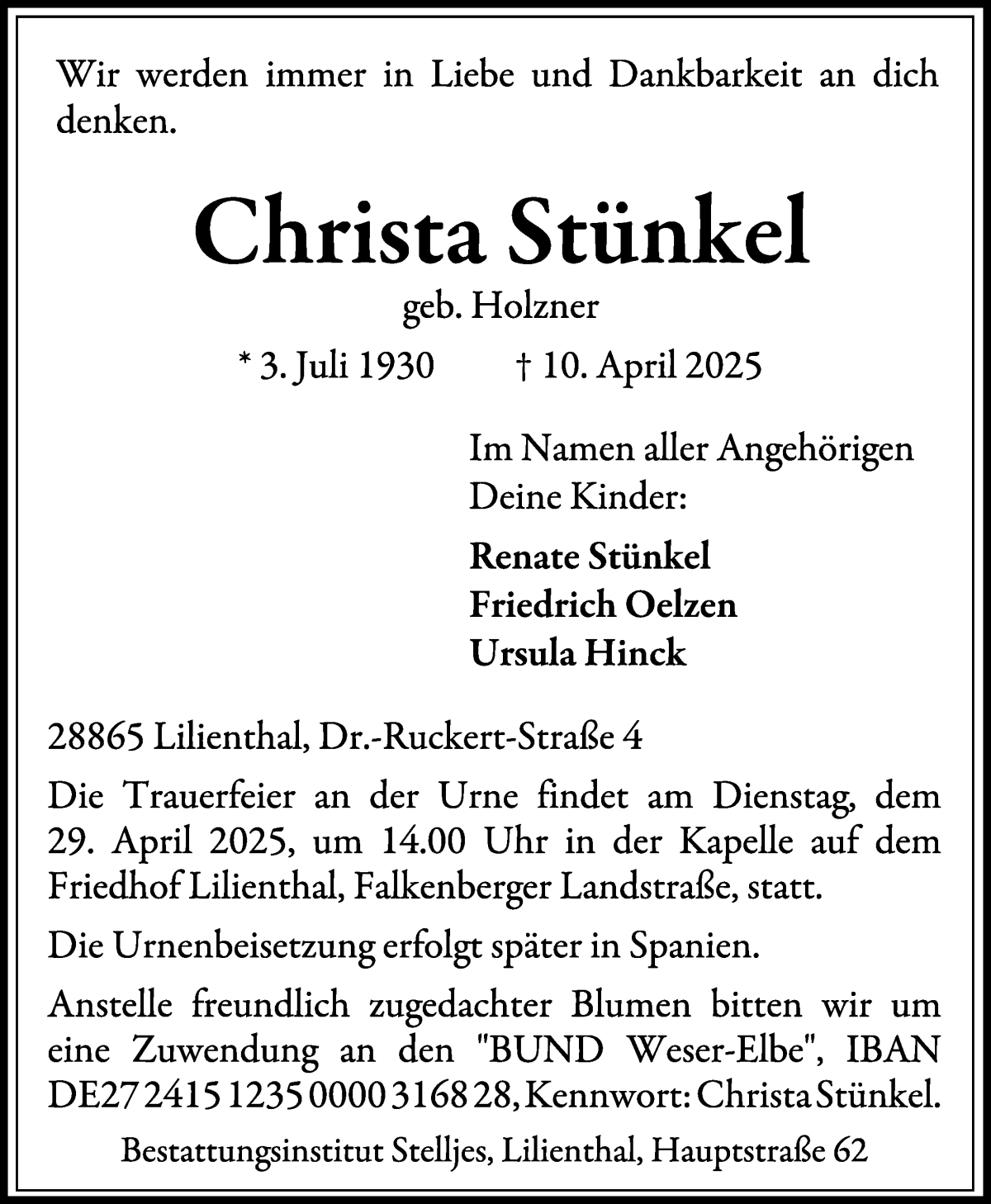 Traueranzeige von Christa Stünkel von Wuemme Zeitung