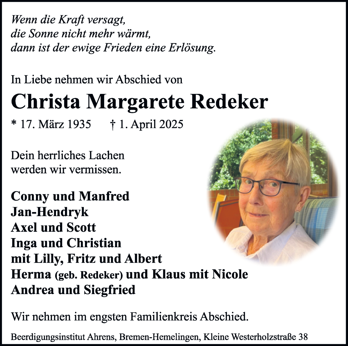 Traueranzeige von Christa Margarete Redeker von WESER-KURIER