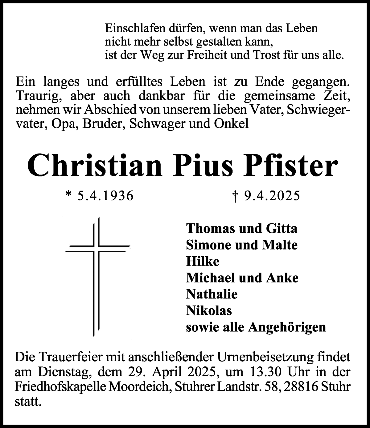 Traueranzeige von Christian Pius Pfister von Regionale Rundschau/Syker Kurier