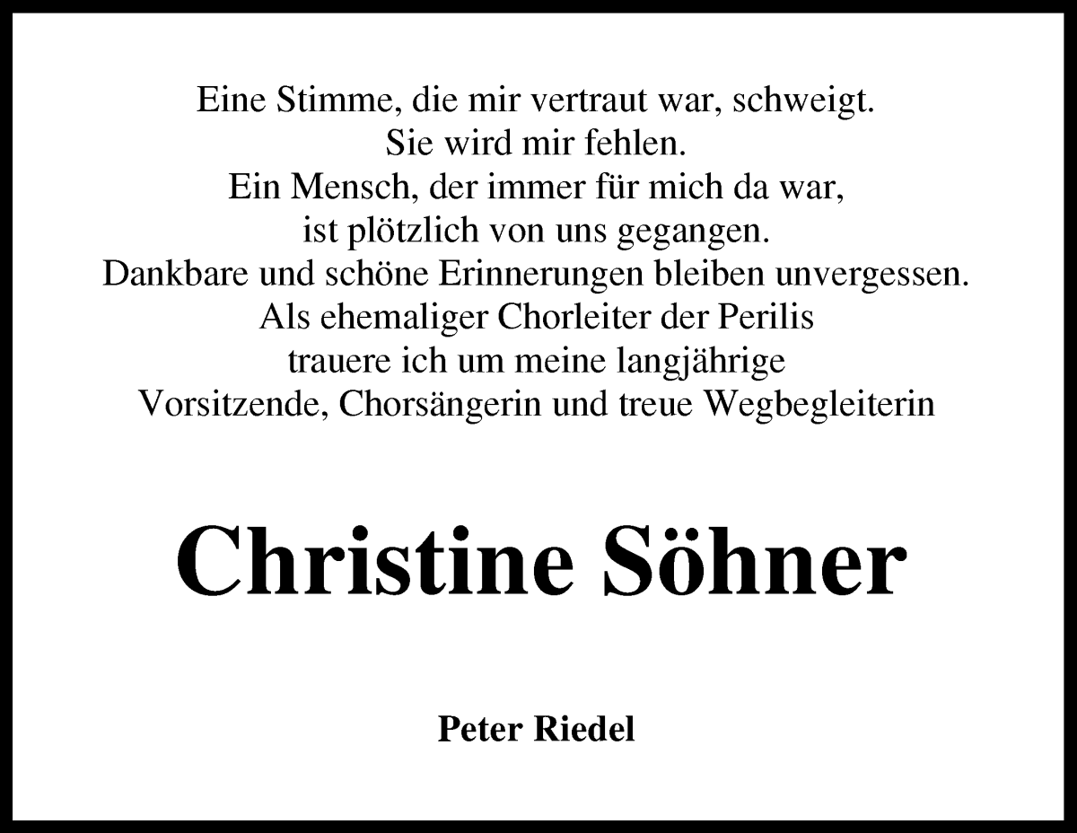 Traueranzeige von Christine Söhner von Wuemme Zeitung