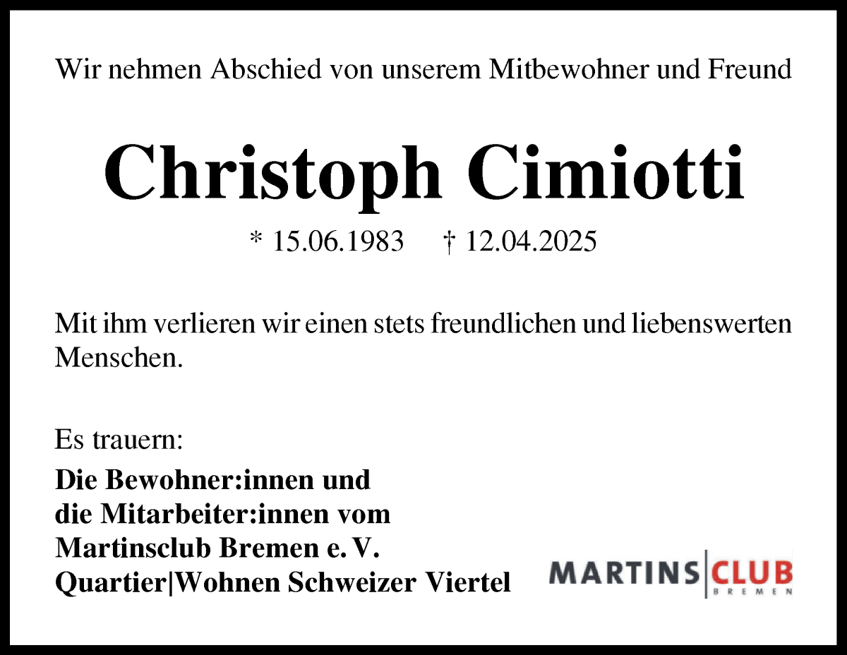 Traueranzeige von Christoph Cimiotti von WESER-KURIER