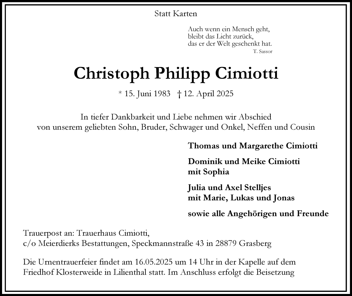 Traueranzeige von Christoph Philipp Cimiotti von Wuemme Zeitung
