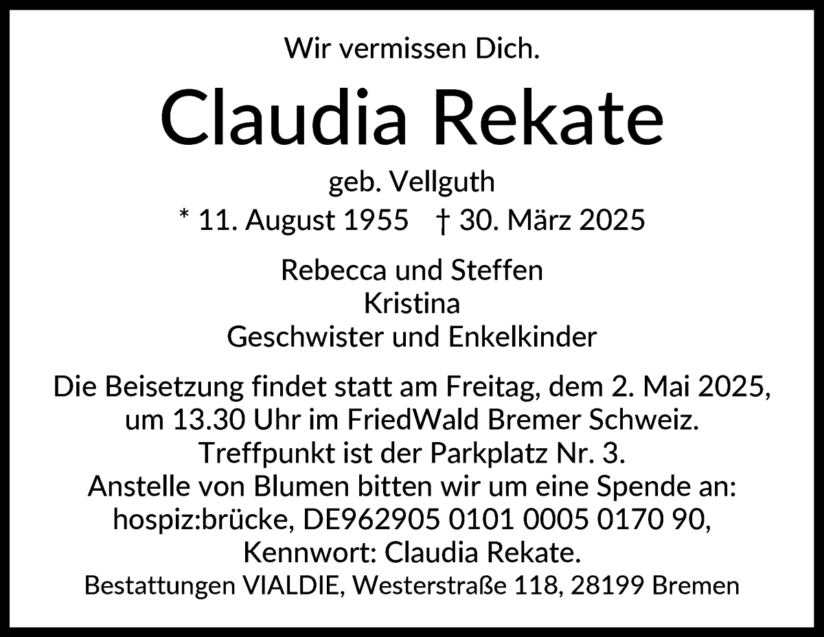 Traueranzeige von Claudia Rekate von WESER-KURIER
