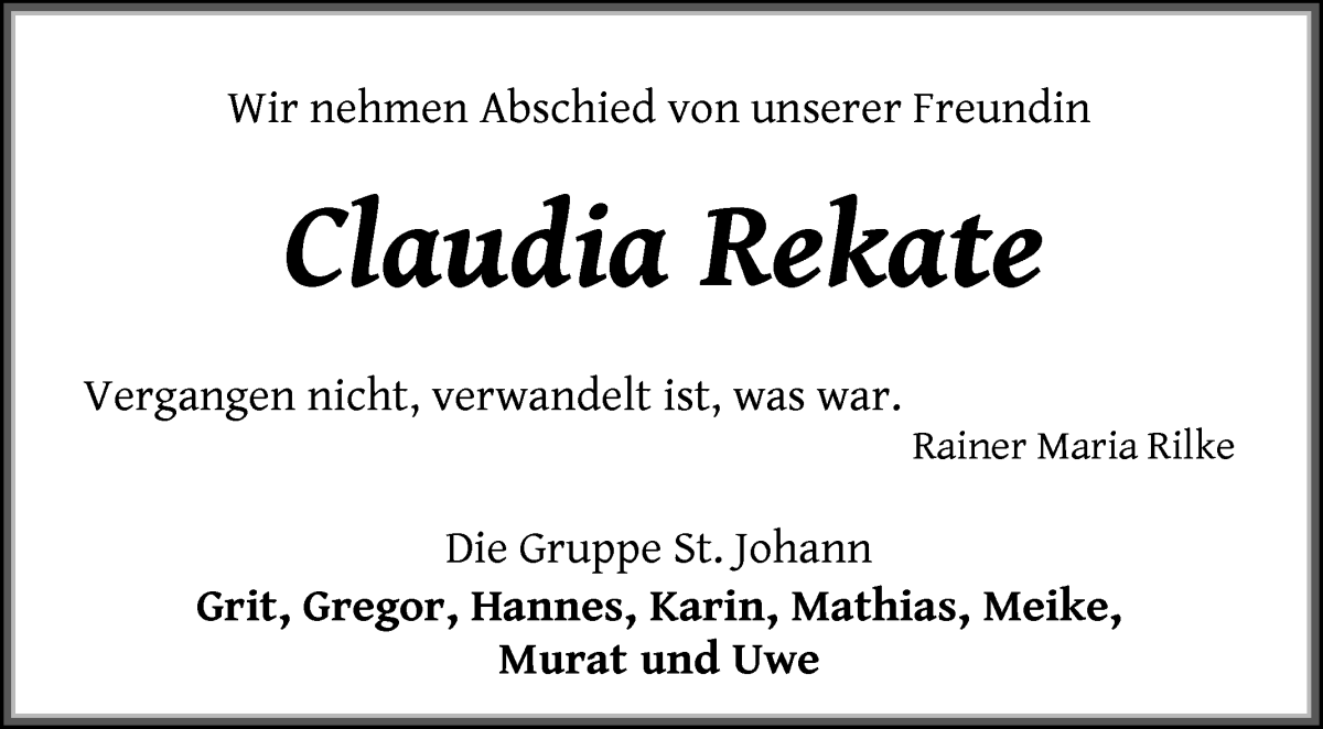 Traueranzeige von Claudia Rekate von WESER-KURIER
