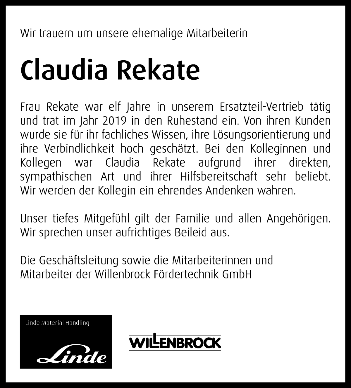 Traueranzeige von Claudia Rekate von WESER-KURIER
