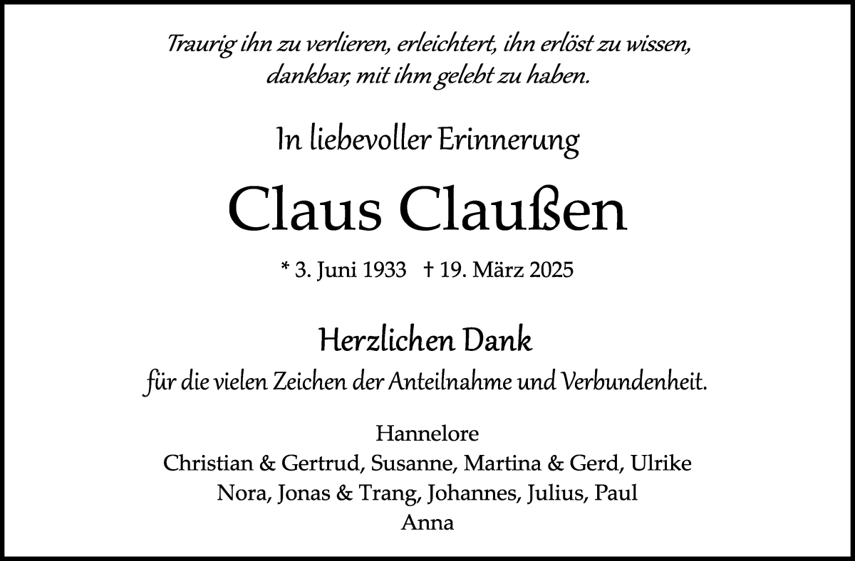 Traueranzeige von Claus Claußen von Die Norddeutsche