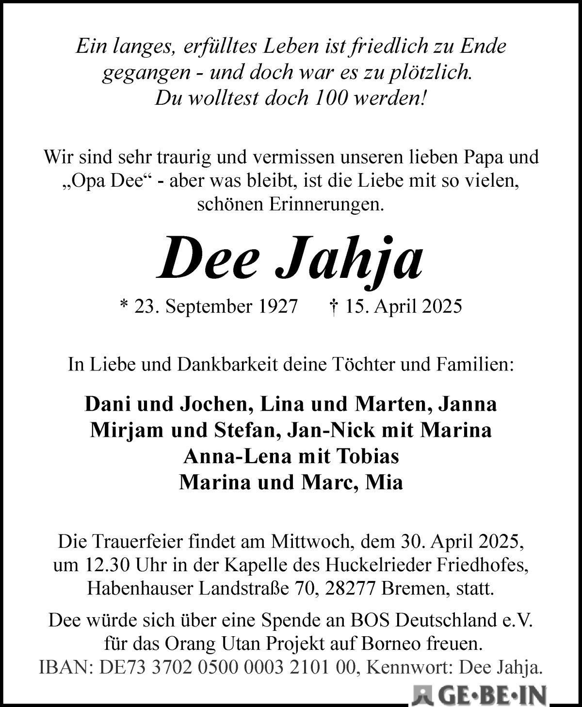 Traueranzeige von Dee Jahja von WESER-KURIER