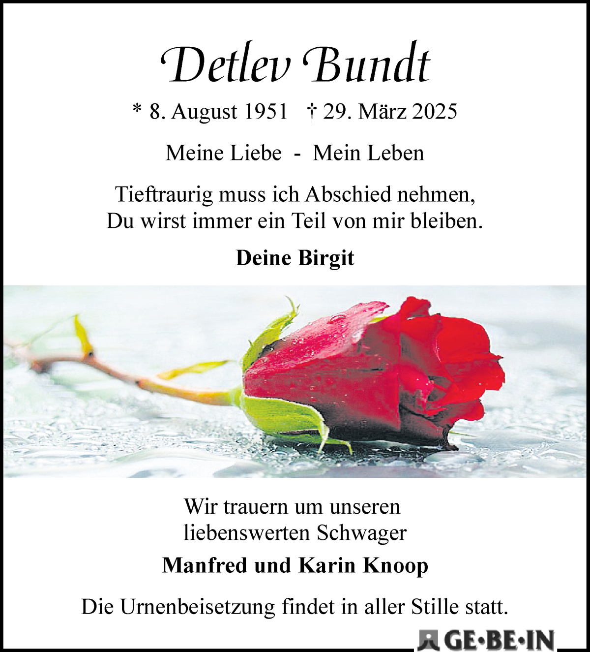 Traueranzeige von Detlev Bundt von WESER-KURIER
