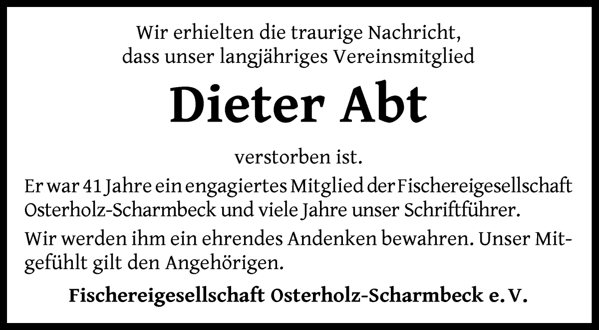 Traueranzeige von Dieter Abt von Osterholzer Kreisblatt