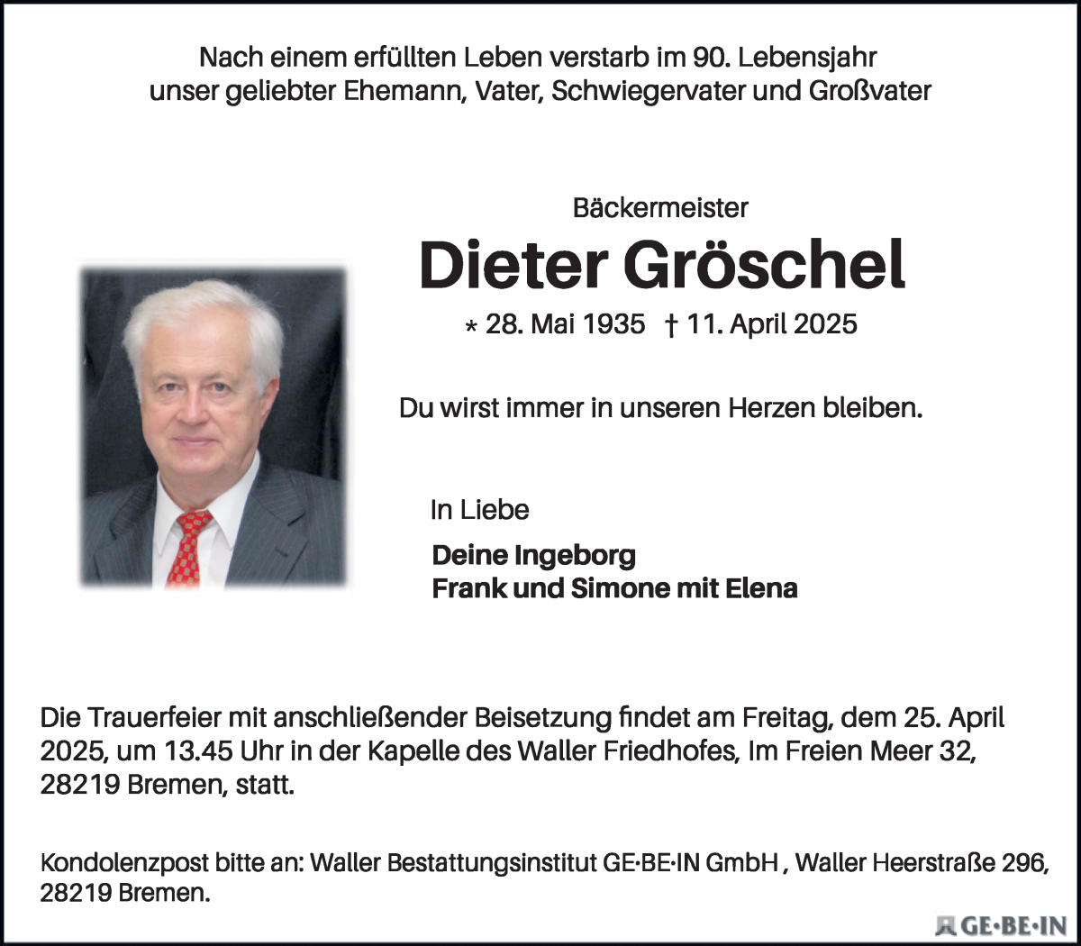 Traueranzeige von Dieter Gröschel von WESER-KURIER