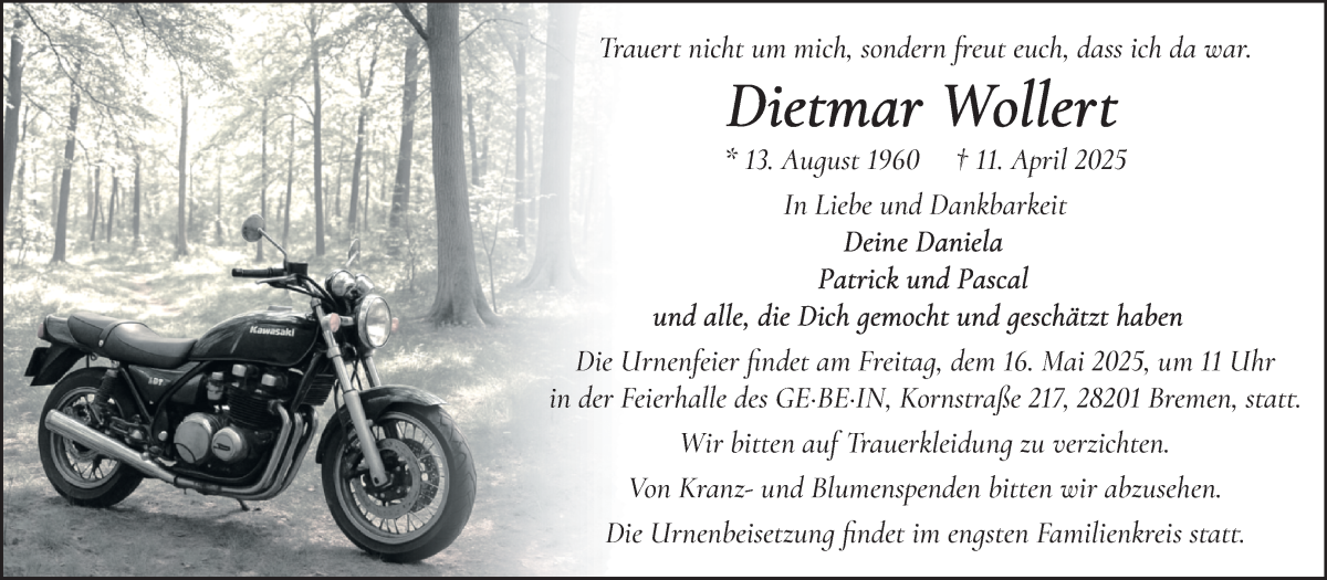 Traueranzeige von Dietmar Wollert von WESER-KURIER