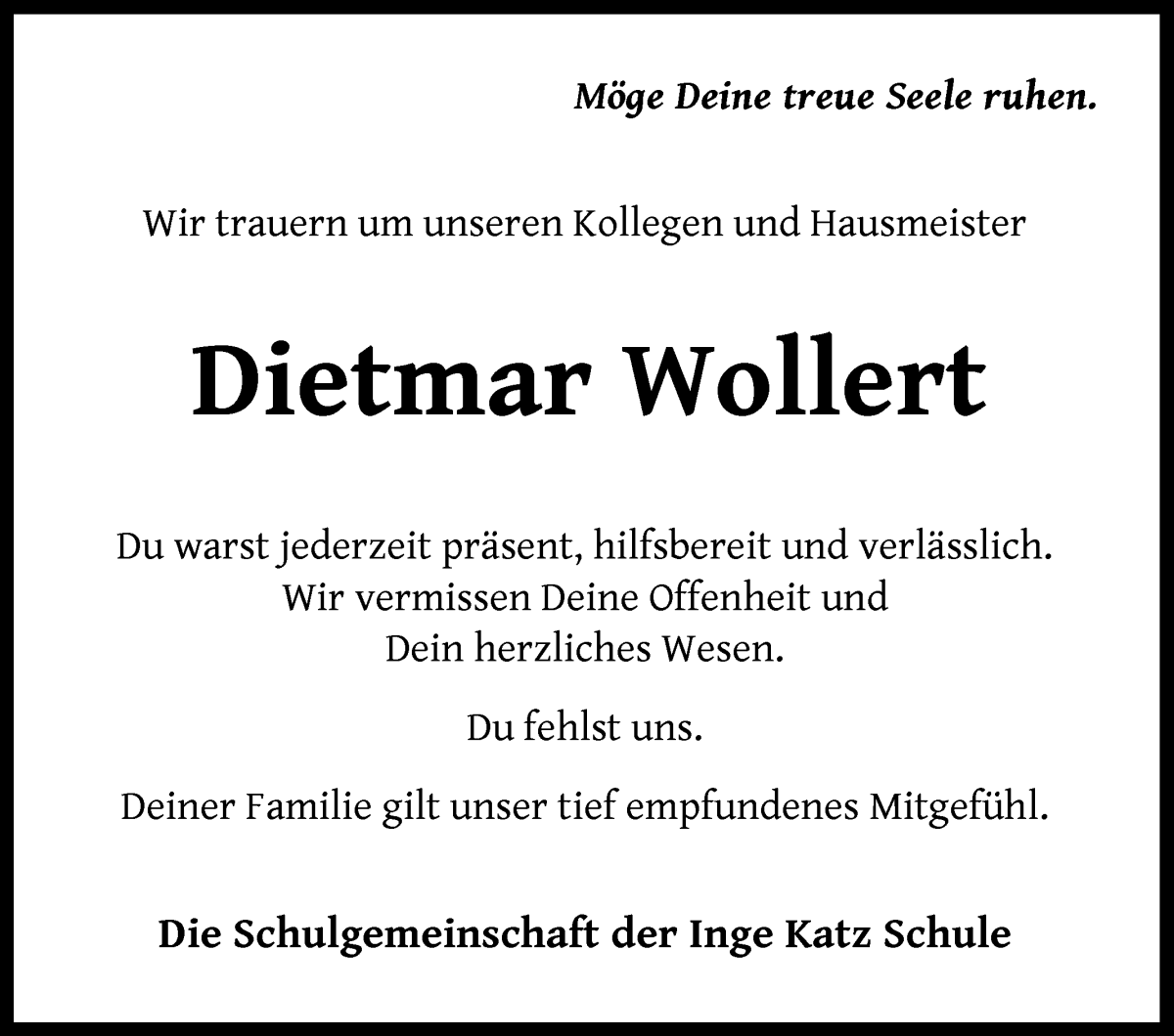 Traueranzeige von Dietmar Wollert von WESER-KURIER