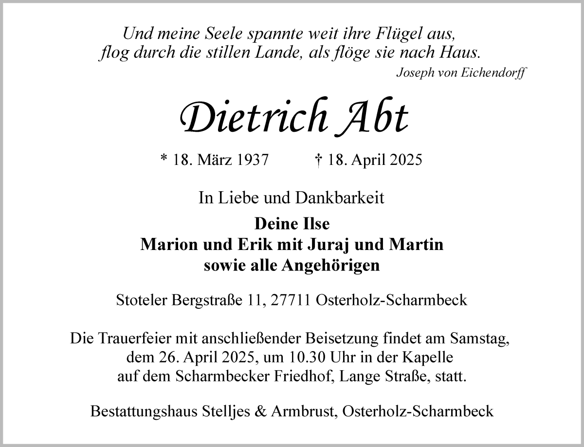 Traueranzeige von Dietrich Abt von Osterholzer Kreisblatt