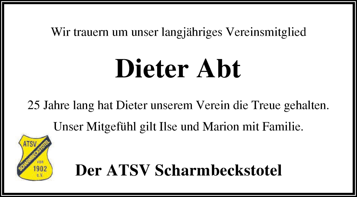 Traueranzeige von Dietrich Abt von Osterholzer Kreisblatt