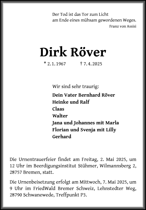Traueranzeige von Dirk Röver von Die Norddeutsche