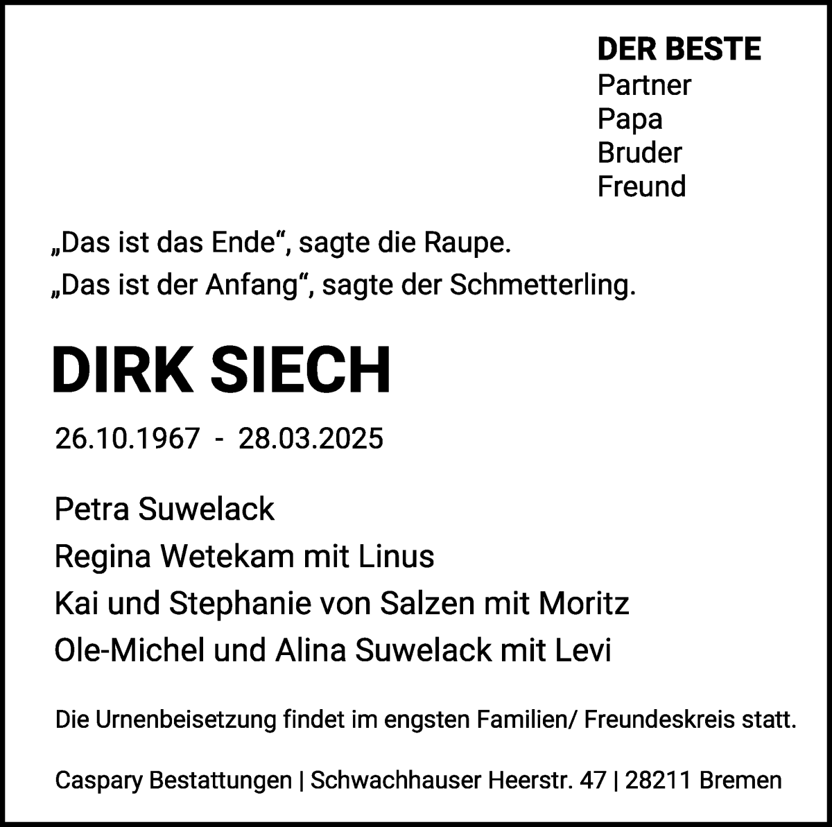 Traueranzeige von Dirk Siech von WESER-KURIER