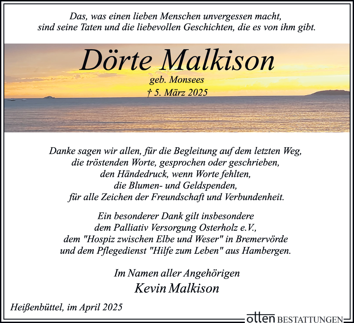 Traueranzeige von Dörte Malkison von Osterholzer Kreisblatt