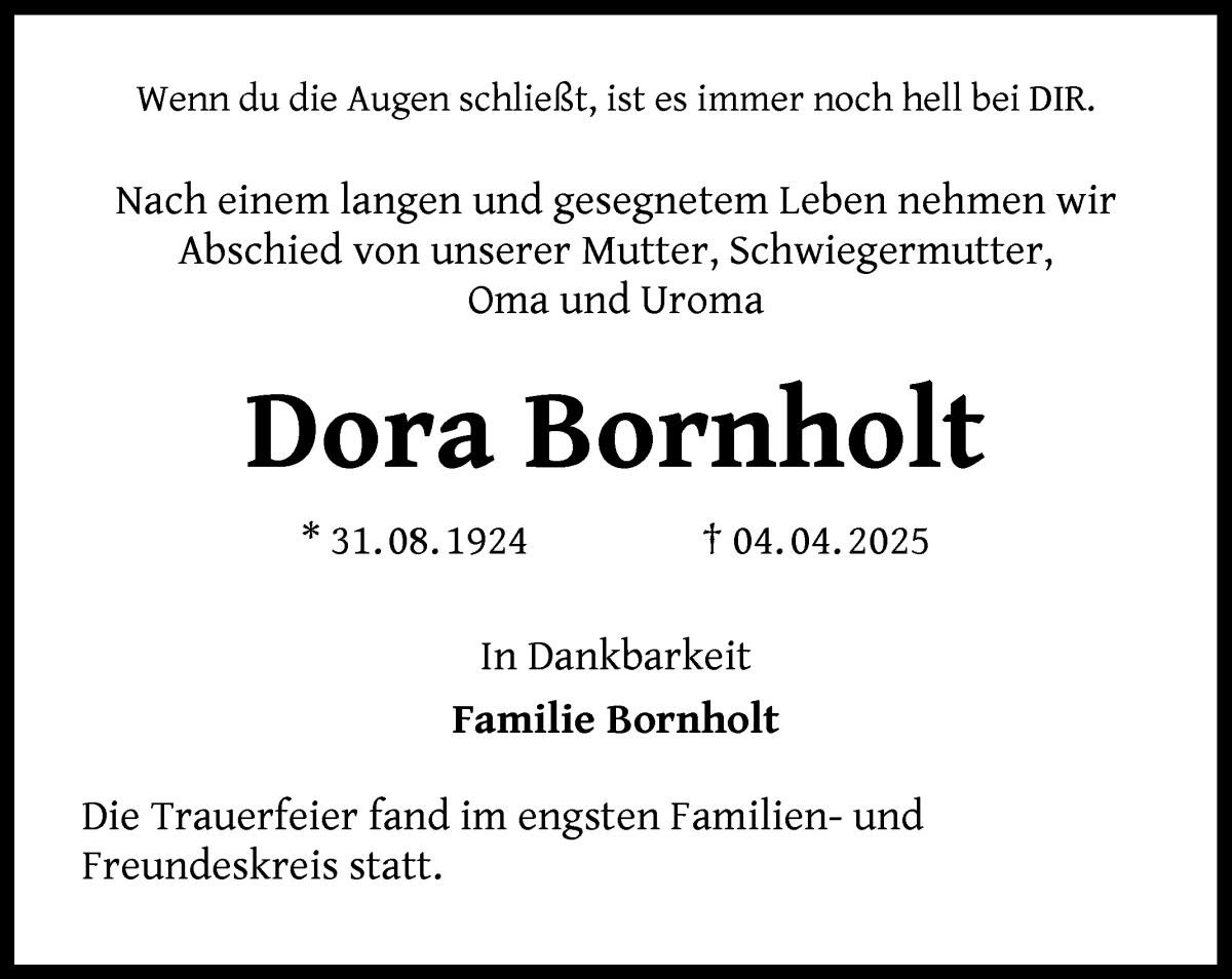 Traueranzeige von Dora Bornholt von Die Norddeutsche