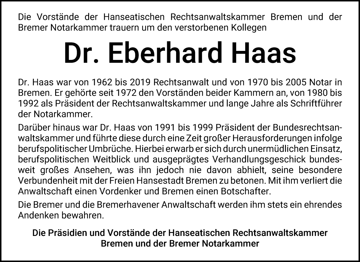 Traueranzeige von Dr. Eberhard Haas von WESER-KURIER
