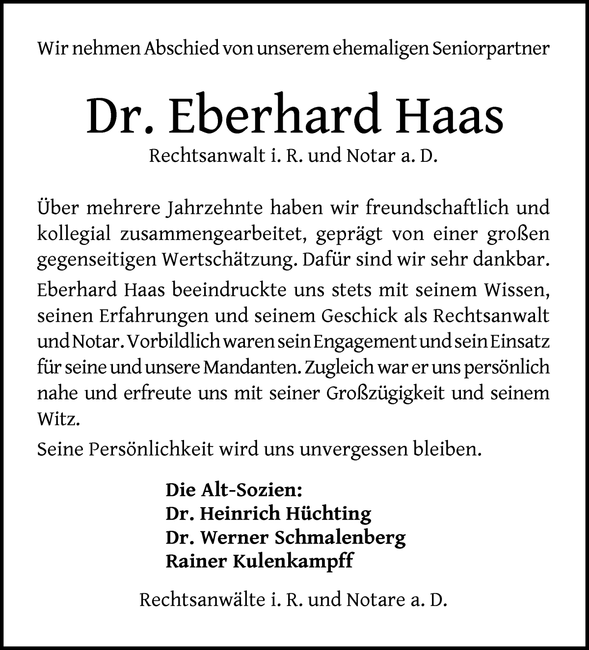 Traueranzeige von Dr. Eberhard Haas von WESER-KURIER