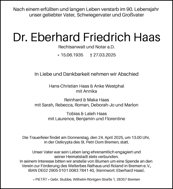 Traueranzeige von Dr. Eberhard Friedrich Haas von WESER-KURIER