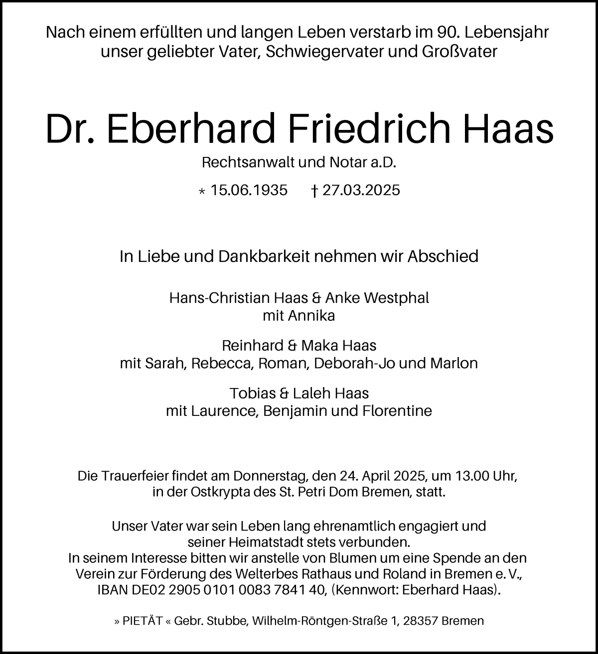 Traueranzeige von Dr. Eberhard Friedrich Haas von WESER-KURIER