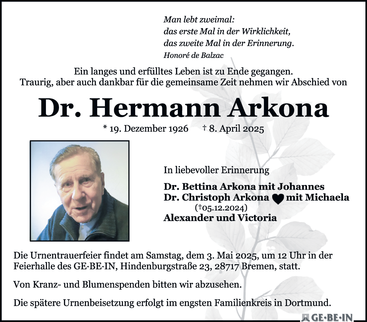 Traueranzeige von Dr. Hermann Arkona von WESER-KURIER