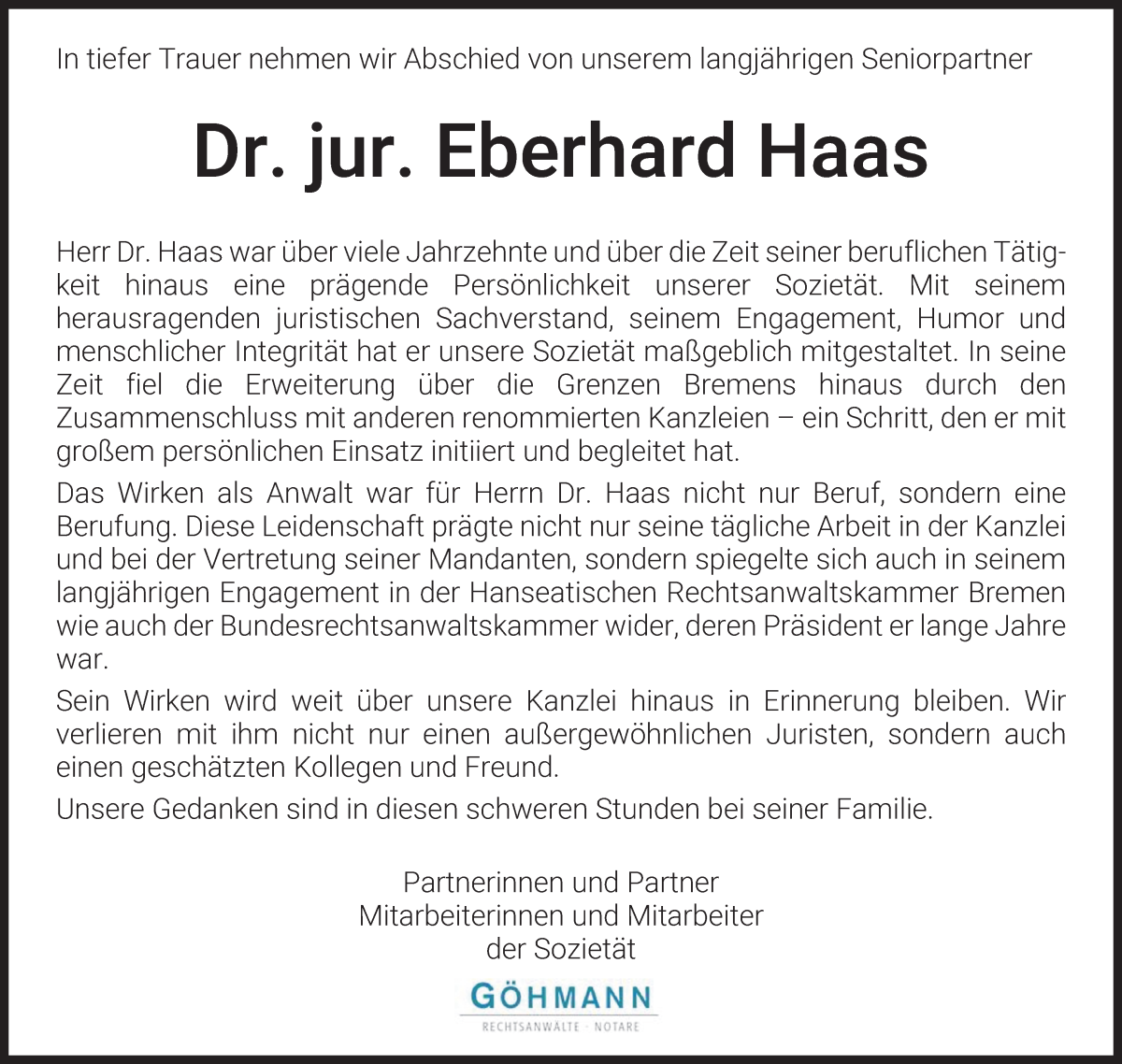 Traueranzeige von Dr. jur. Eberhard Haas von WESER-KURIER