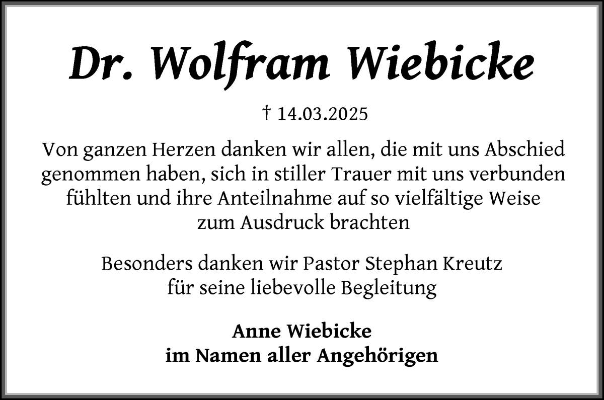 Traueranzeige von Dr. Wolfram Wiebicke von WESER-KURIER