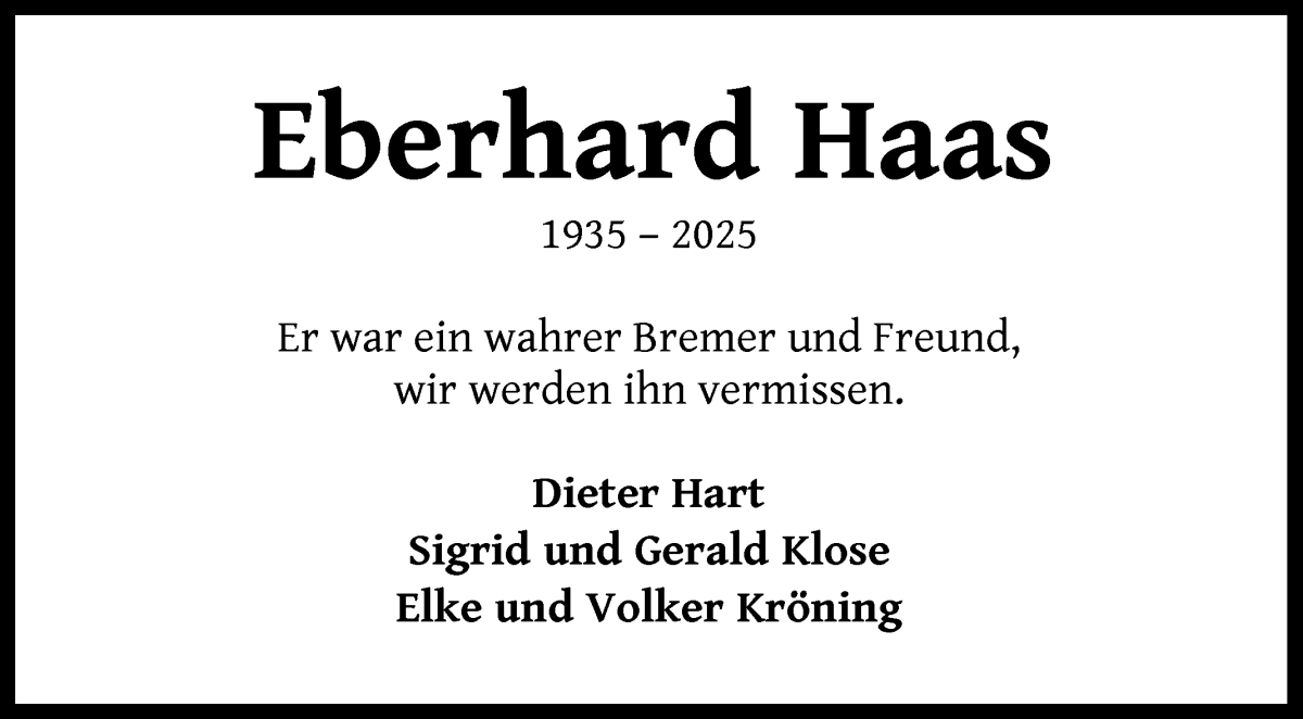 Traueranzeige von Eberhard Haas von WESER-KURIER