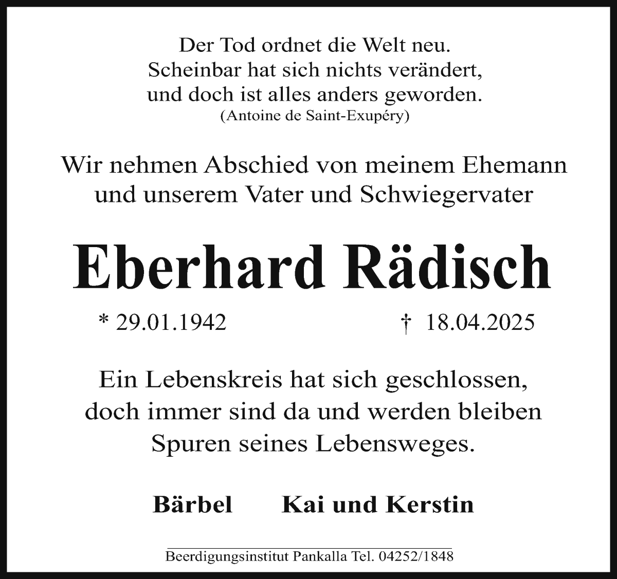 Traueranzeige von Eberhard Rädisch von WESER-KURIER