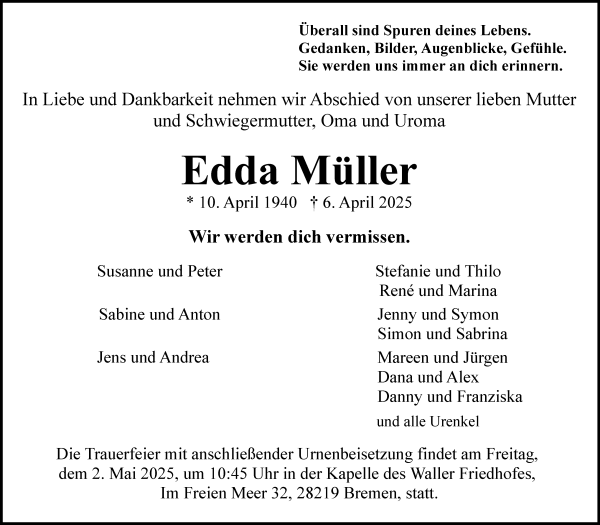 Traueranzeige von Edda Müller von WESER-KURIER