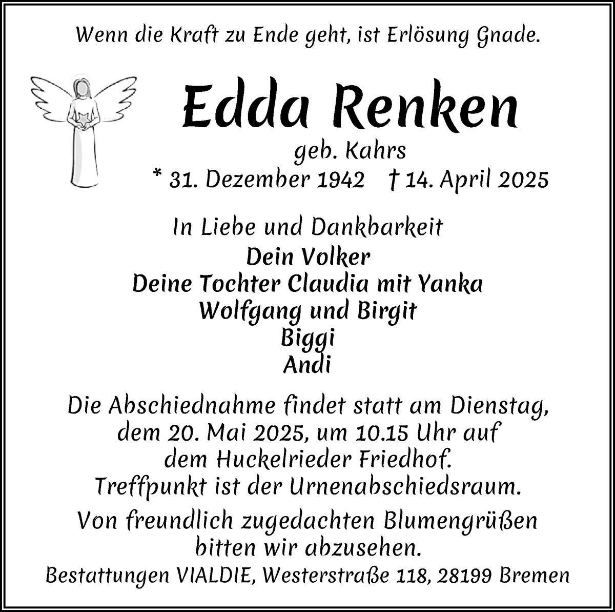 Traueranzeige von Edda Renken von WESER-KURIER