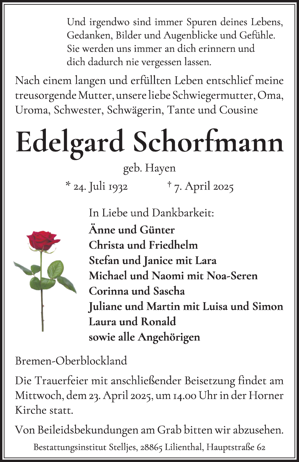 Traueranzeige von Edelgard Schorfmann von WESER-KURIER