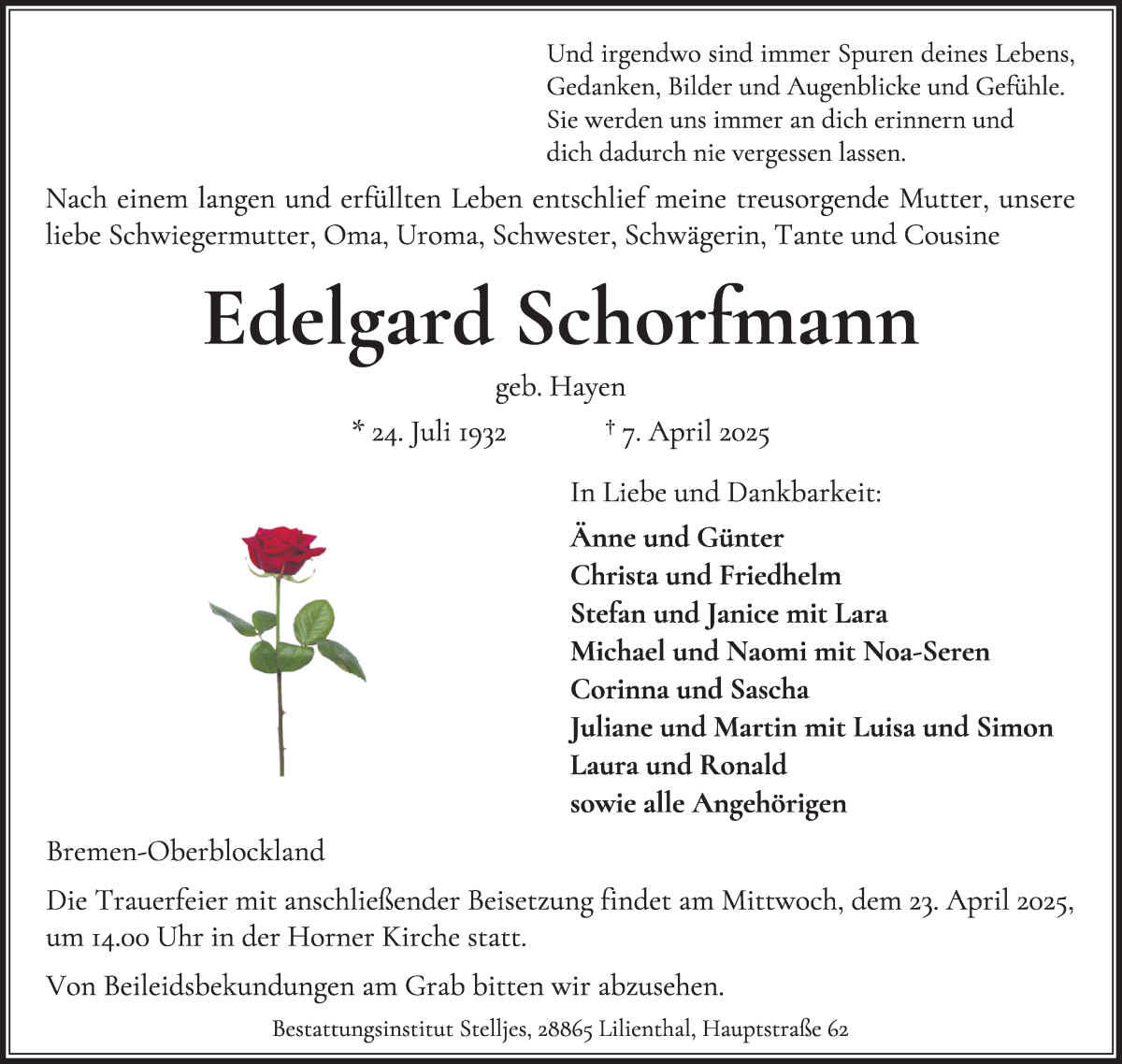 Traueranzeige von Edelgard Schorfmann von Wuemme Zeitung