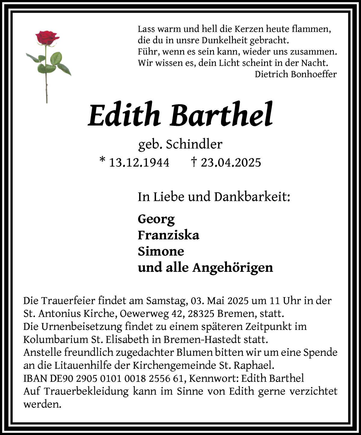 Traueranzeige von Edith Barthel von WESER-KURIER