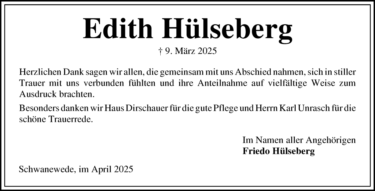 Traueranzeige von Edith Hülseberg von Die Norddeutsche