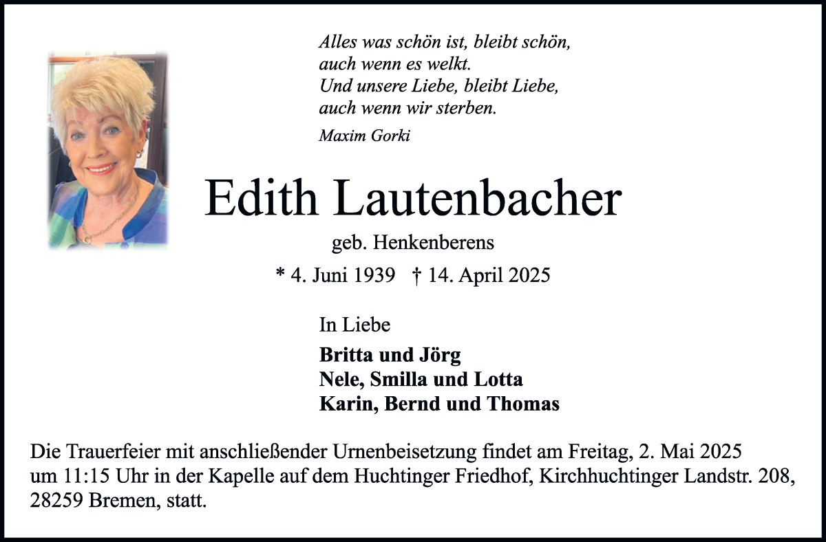 Traueranzeige von Edith Lautenbacher von WESER-KURIER